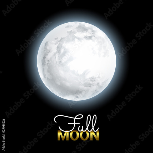Realistic Volume 3d Full Moon on Black Dark Background. Mystical Shining Moonlight. Vector illustration