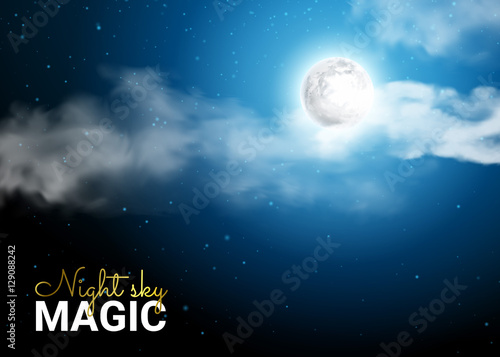 Night Sky with the Moon and Lunar Rays Passing Through the Clouds. Mystical Moonlight. Realistic. Shining Stars on dark blue. Vector illustration background.