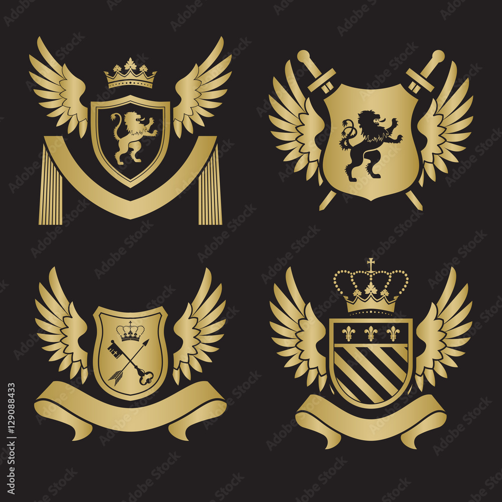 Coat of arms - shield with swords, lion, two wings at the sides. Coat of arms - shield with swords, lion, two wings at the sides.