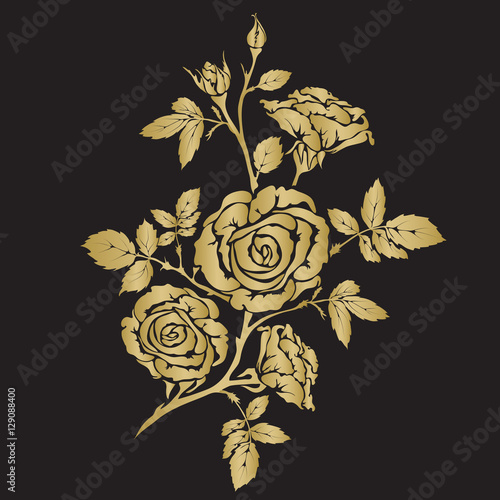 Silhouette rose branch with opened flowers and buds