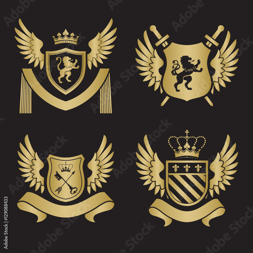 Coat of arms - shield with swords, lion, two wings at the sides.