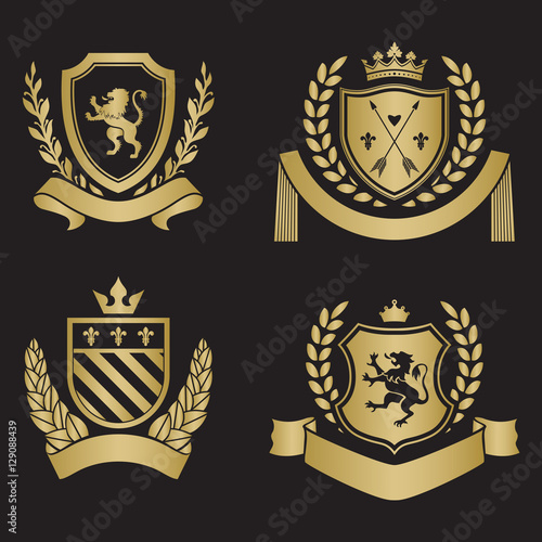 Coats of arms - shields with crown, arrows, laurel wreath at the
