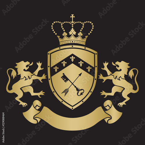 Coat of arms - shield with crown, key and arrow, two standing li