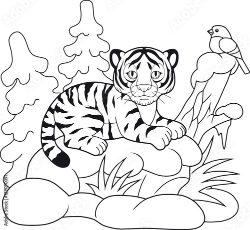 Fototapeta Naklejka Na Ścianę i Meble -  cute cartoon tiger lying in the snow