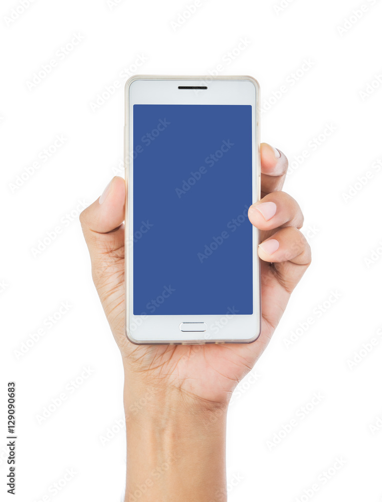 Man hand holding the white smartphone.