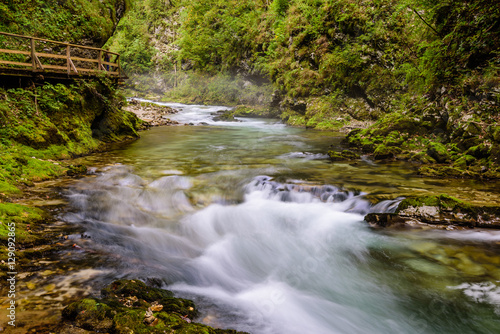 The famous Vintgar gorge Canyon with wooden pats in the natural Park Triglav, Slovenia.