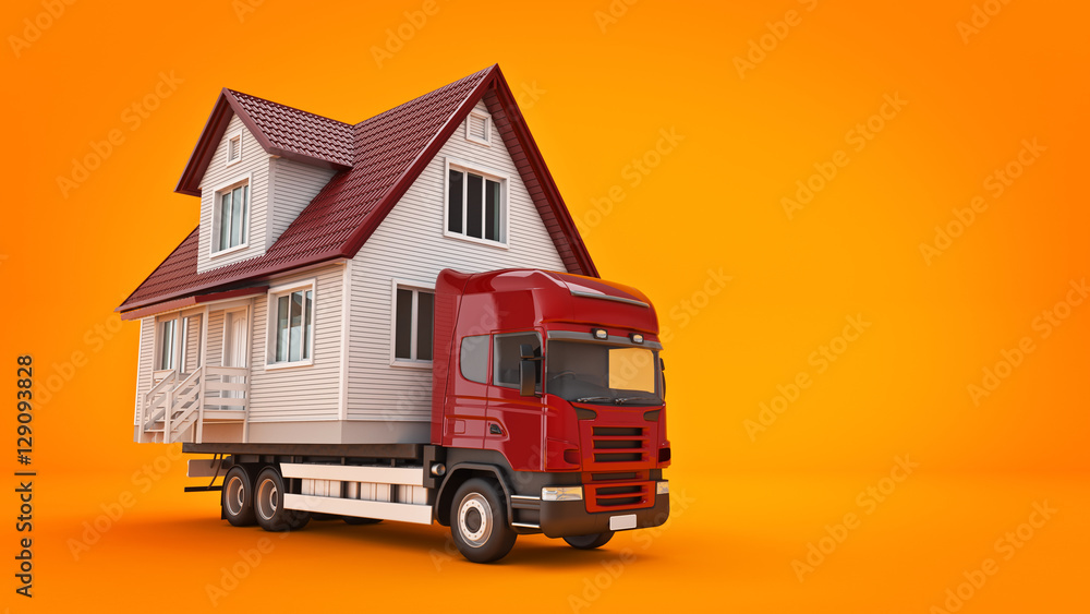 Obraz premium moving a house with a truck. 3d rendering