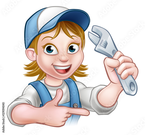 Cartoon Mechanic Plumber Woman Holding Spanner