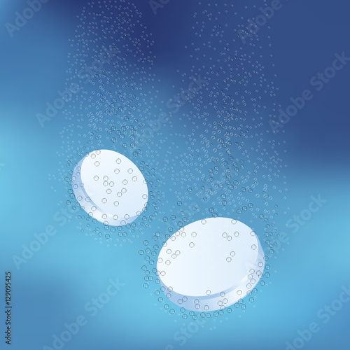 Effervescent soluble pills with sparkling bubbles. Acetylsalicylic acid aspirin pill falling down in water on blue background.