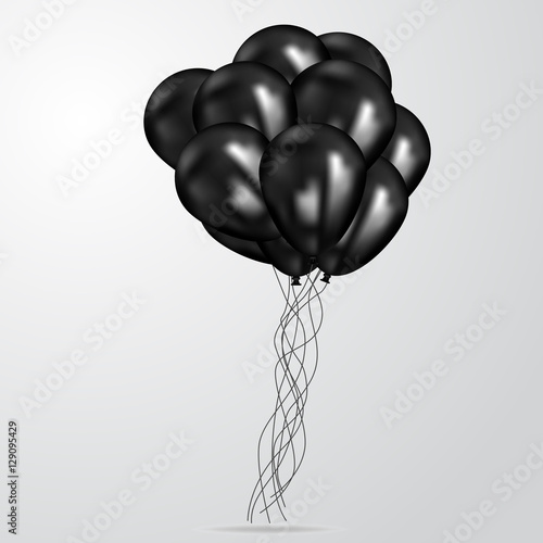 Realistic black birthday balloons flying for party or celebrations. Space for message. Isolated on light background.