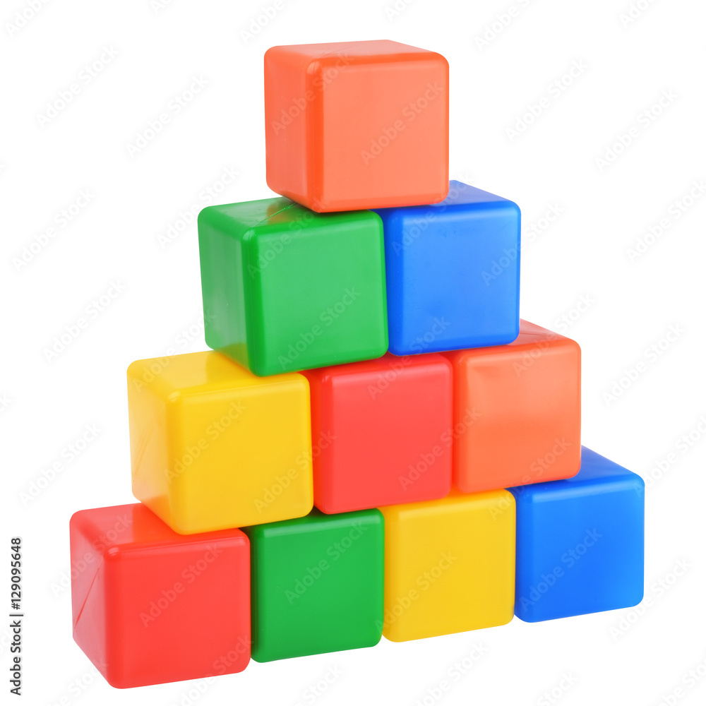Colored plastic cubes pyramid building Colored plastic cubes pyramid building