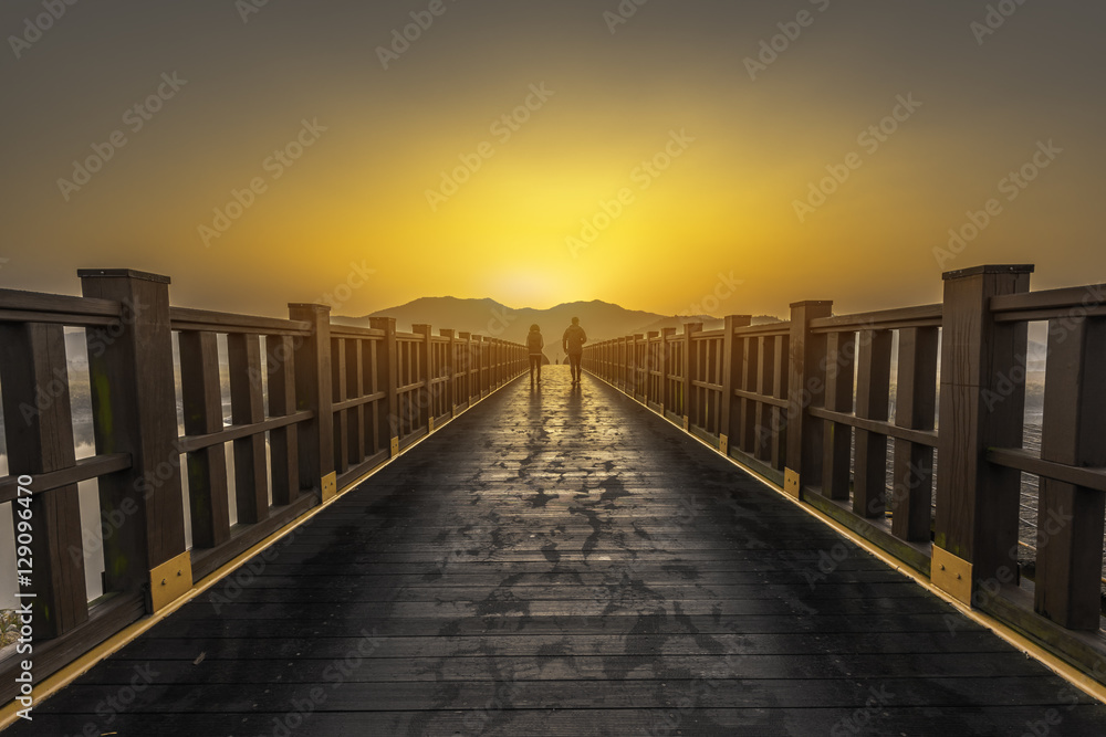 Obraz premium Walkway to meadow with sunrise.