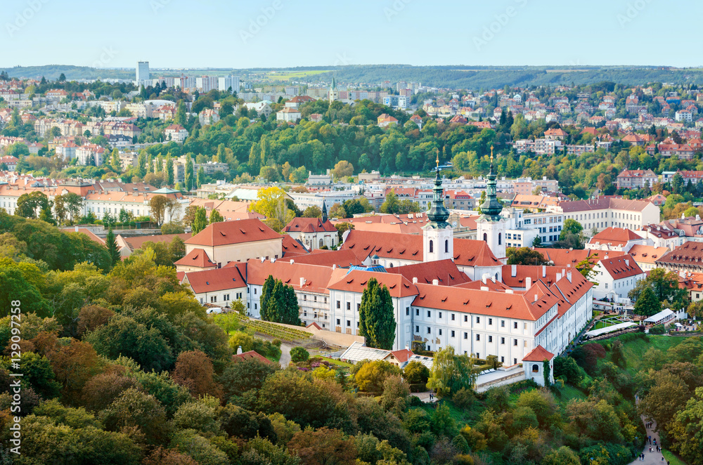View of Strahov Monastery in Prague, Czech Republice. Red roofs