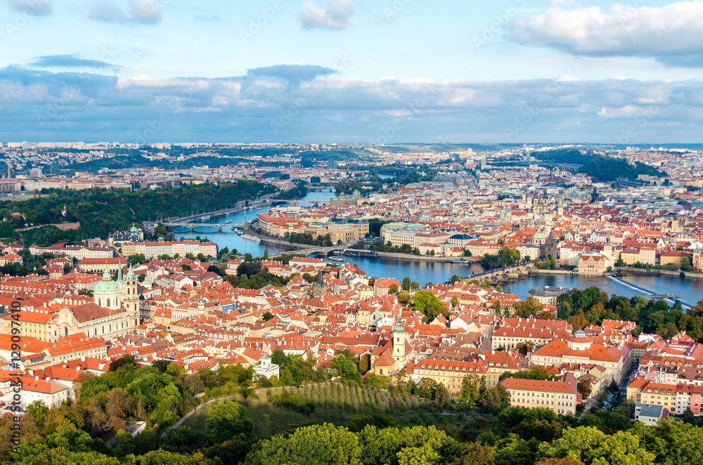 Aerial view of Charles Bridge over Vltava river and Old city fro