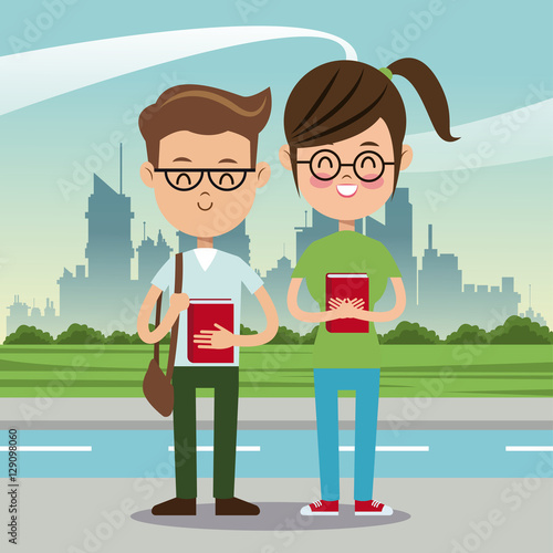 boy and girl student nerd urban background vector illustration eps 10