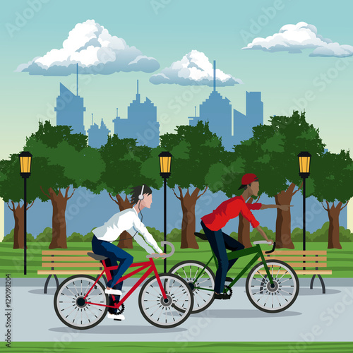 boys ride bike park city background vector illustration eps 10