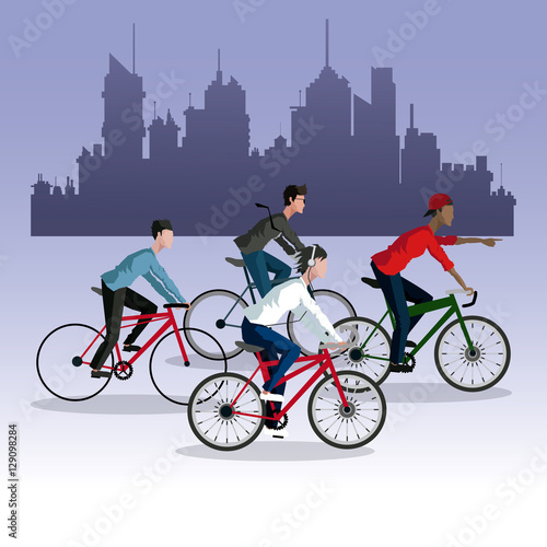 people young riding bycicle ccity background vector illustration eps 10