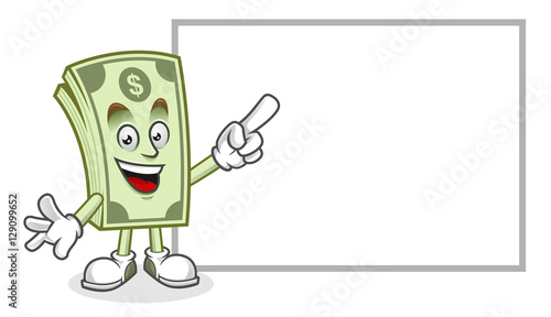 Blank paper, whiteboard, Dollar bill mascot, Money character, Dollar cartoon 