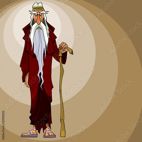 cartoon gloomy gray-haired man stands with a stick