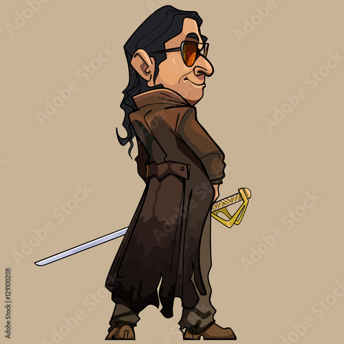 cartoon modern man in a long coat with a sword