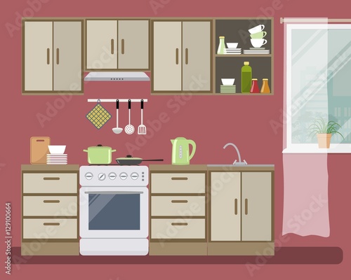 Kitchen in red color. There is a beige furniture, a stove, a fragment of window and other objects in the picture. Vector flat illustration