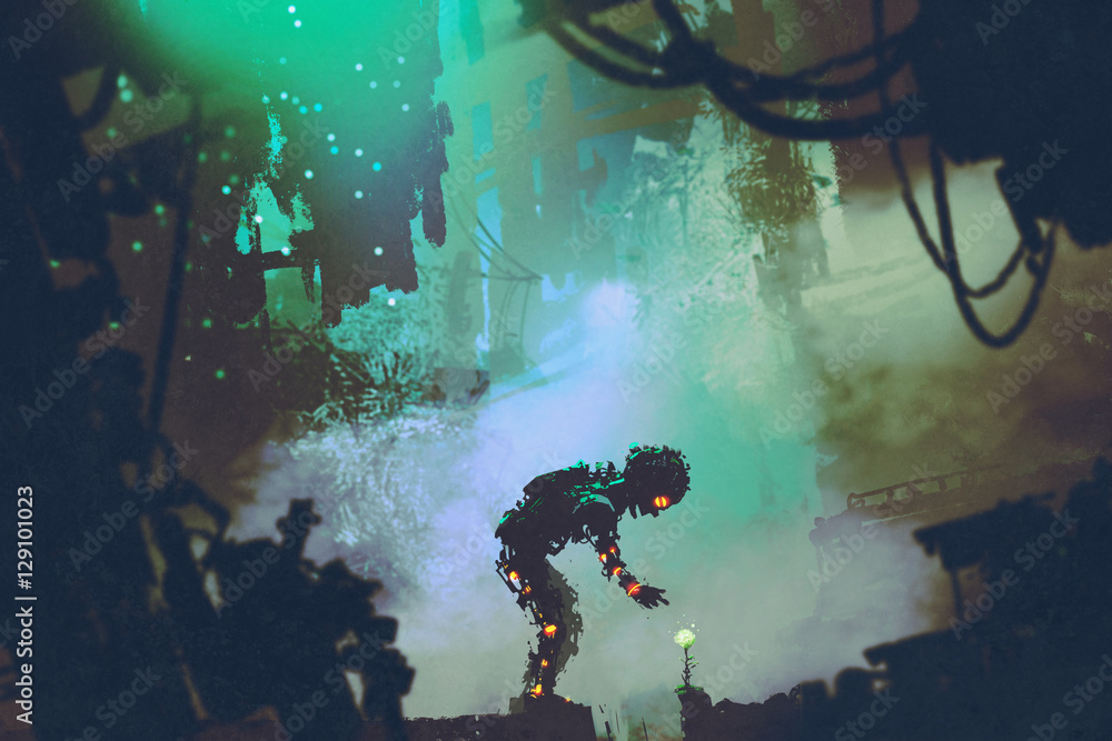 Fototapeta premium cute robot touching flower in ruined city,illustration painting