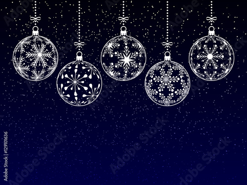 christmas or new year or winter background with blank place for your text on dark background, christmas balls with snowflake texture on night sky, holiday vector illustration