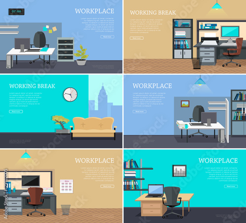 Set of Office Interior Web Banners in Flat Design