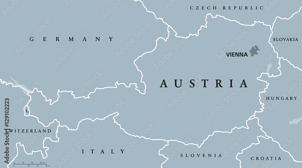Austria political map with capital Vienna, national borders and neighbor countries. Federal republic in the heart of Europe. Gray illustration with English labeling on white background. Vector.