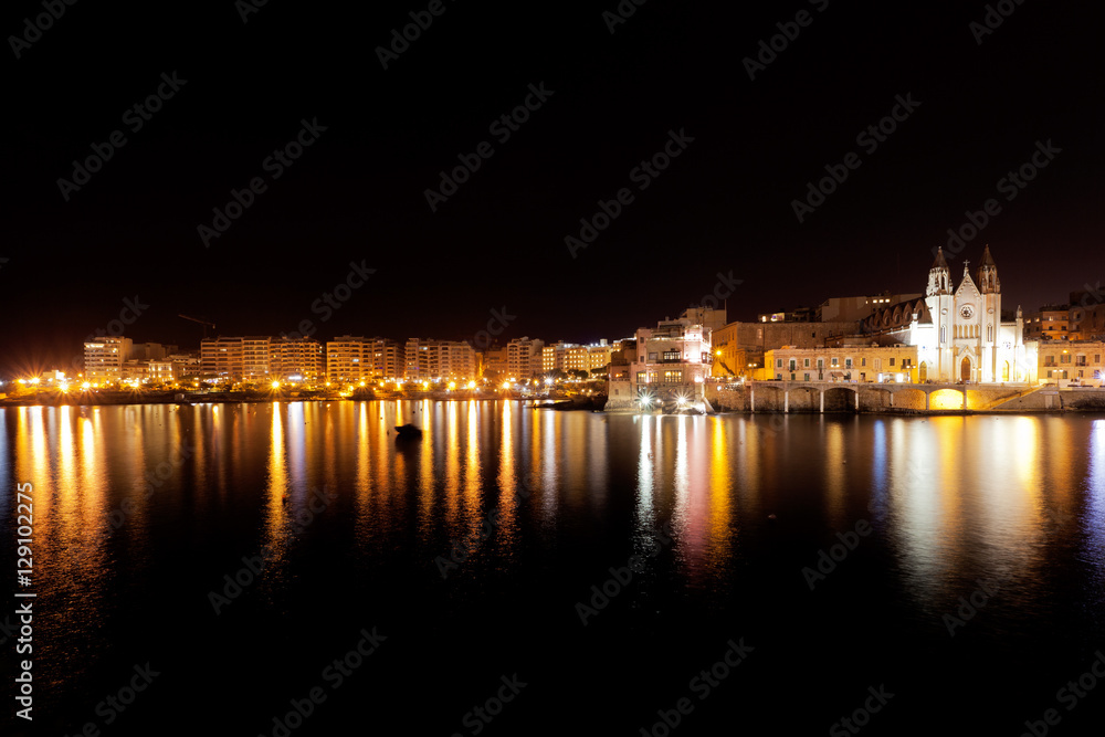 Panorama of the town of Sliema in Malta at night 