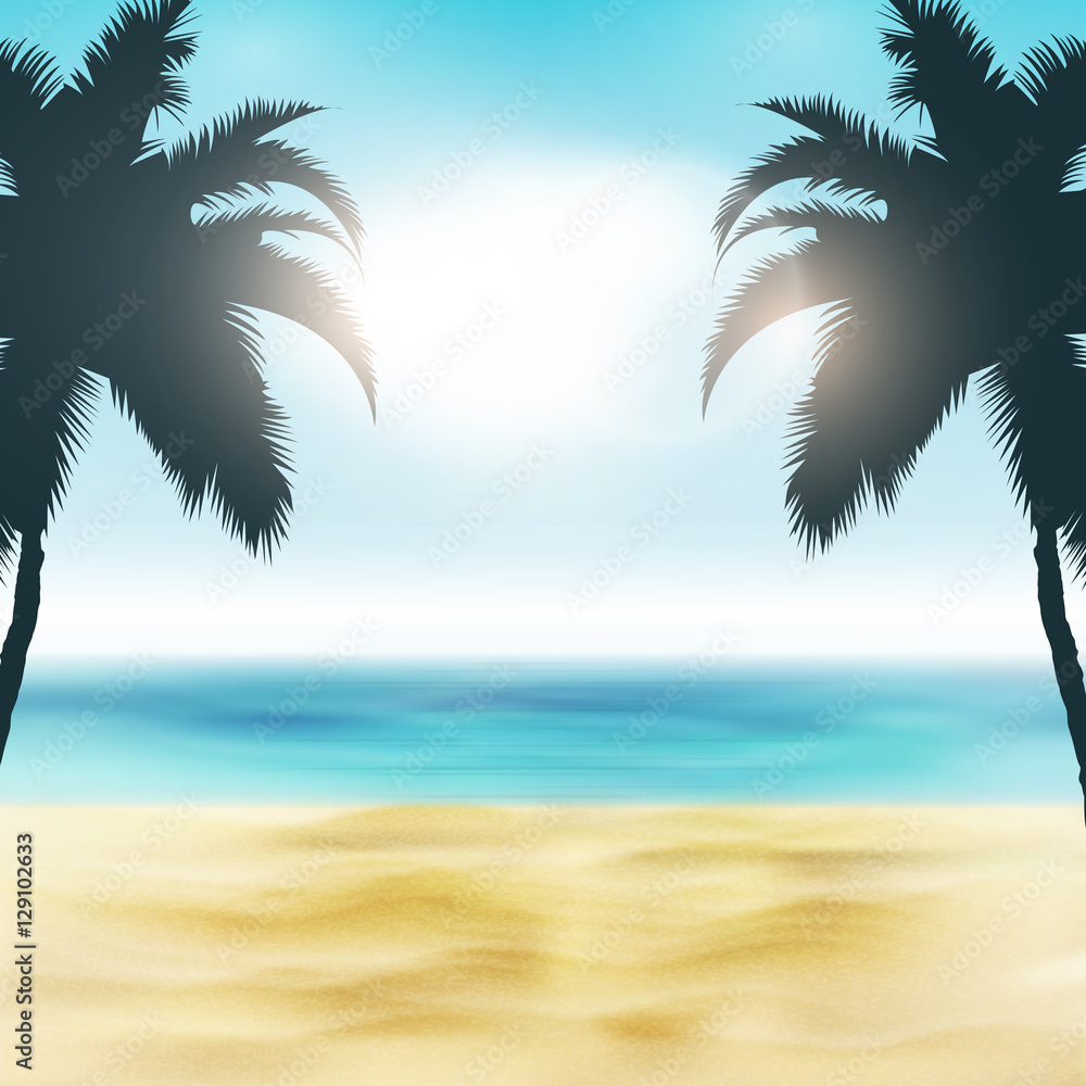 Paradise Beach Illustration | Sand and Palm Trees | Tropical Sea with Bright Sun