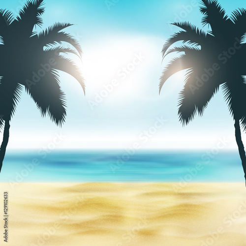 Paradise Beach Illustration   Sand and Palm Trees   Tropical Sea with Bright Sun