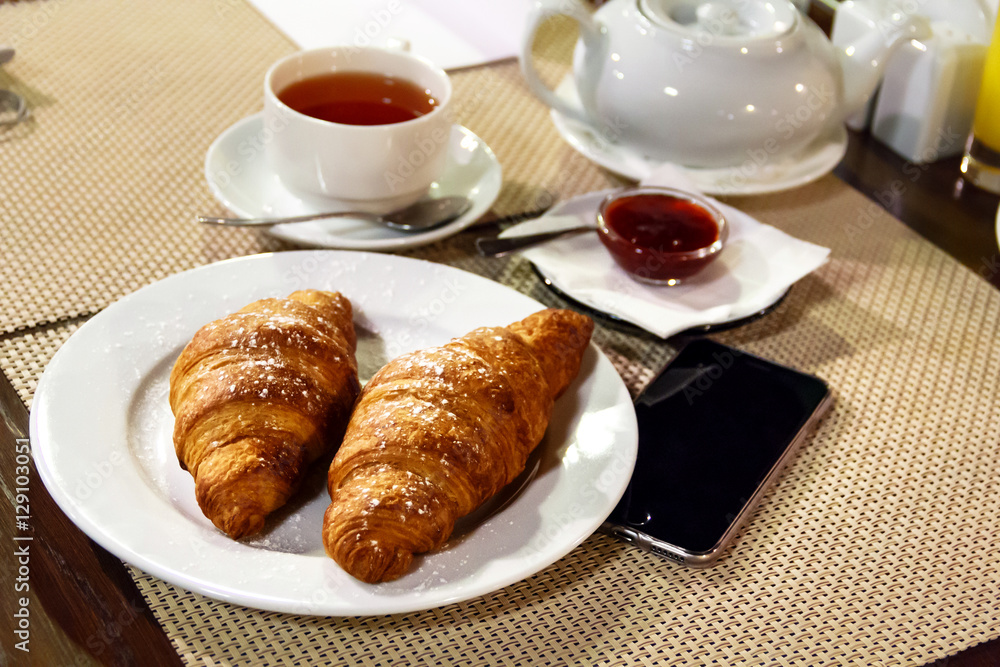 Europeans breakfast, business lunch, french breakfast, croissant Europeans breakfast, business lunch, french breakfast, croissant