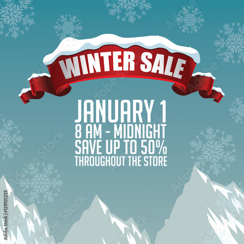 Winter sale marketing background template with snow-covered red ribbon and copy space. EPS 10 vector.