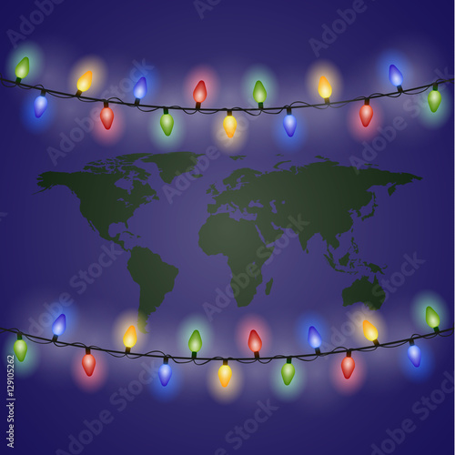 Сhristmas lights and world map. New year. © brovkoserhii