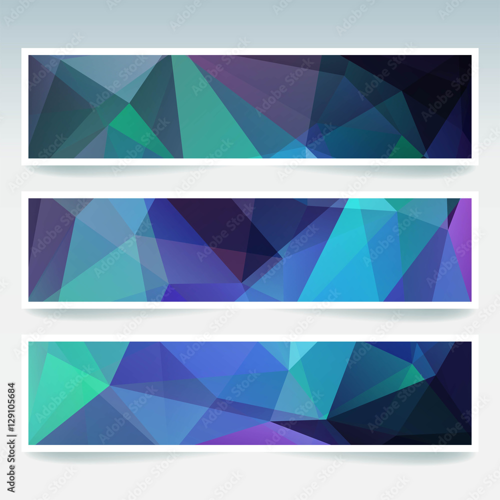 Abstract banner with business design templates. Set of Banners with polygonal mosaic backgrounds. Geometric triangular vector illustration. Blue, pink, purple colors. Abstract banner with business design templates. Set of Banners with polygonal mosaic backgrounds. Geometric triangular vector illustration. Blue, pink, purple colors.