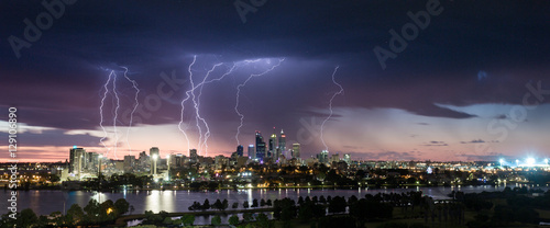 Stunning multiple lightning strikes over Perth CBD