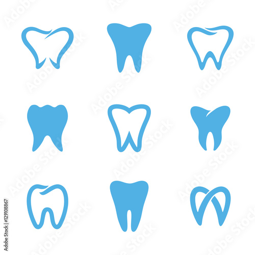 teeth logo white. Set of blue teeth, tooth icons isolated on white background. Can be used as logo for dental, dentist or stomatology clinic, teeth care and health concept