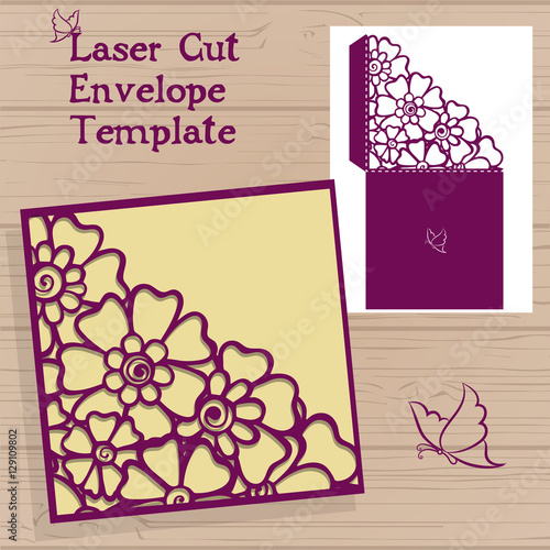 Lasercut vector wedding invitation template. Wedding invitation envelope with flowers for laser cutting. Lace gate folds.Laser cut vector.
