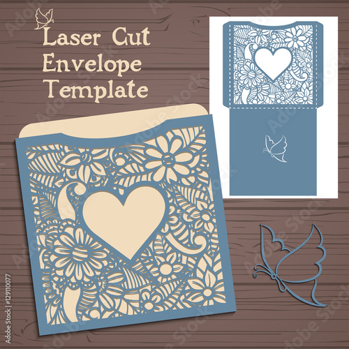 Lasercut vector wedding invitation template. Wedding invitation envelope with flowers for laser cutting. Lace gate folds.Laser cut vector.