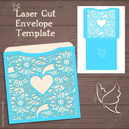 Lasercut vector wedding invitation template. Wedding invitation envelope with flowers for laser cutting. Lace gate folds.Laser cut vector.
