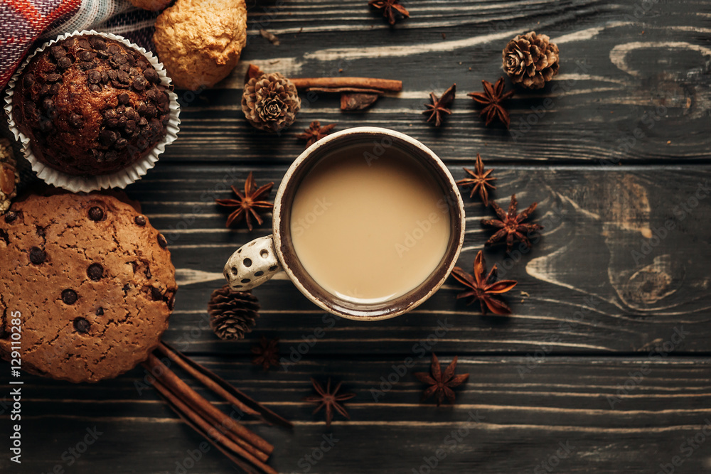 aromatic coffee cookies and anise flat lay on wooden background, aromatic coffee cookies and anise flat lay on wooden background,
