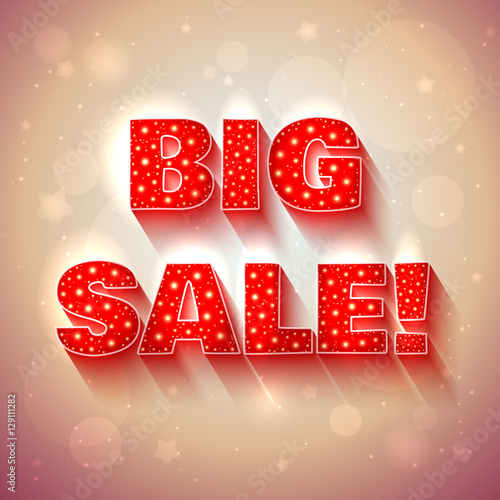 Vector BIG SALE banner in red and purple colors on background with shining effects and stars.