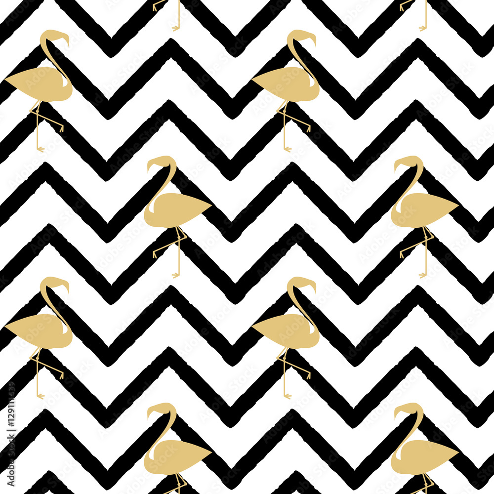Fototapeta premium flamingo gold silhouette on abstract black chevron pattern seamless background illustration