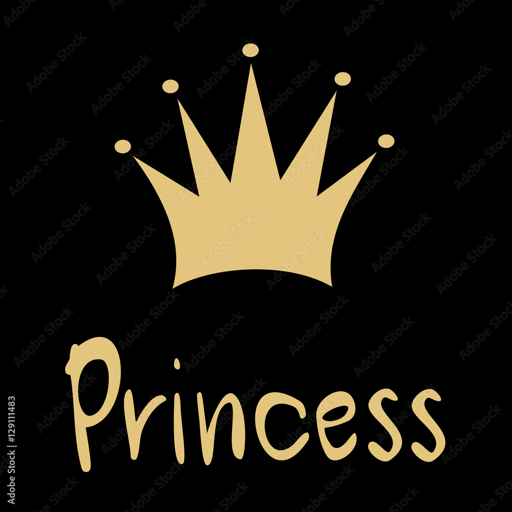 black gold vector card with hand drawn crown and princess word Stock ...