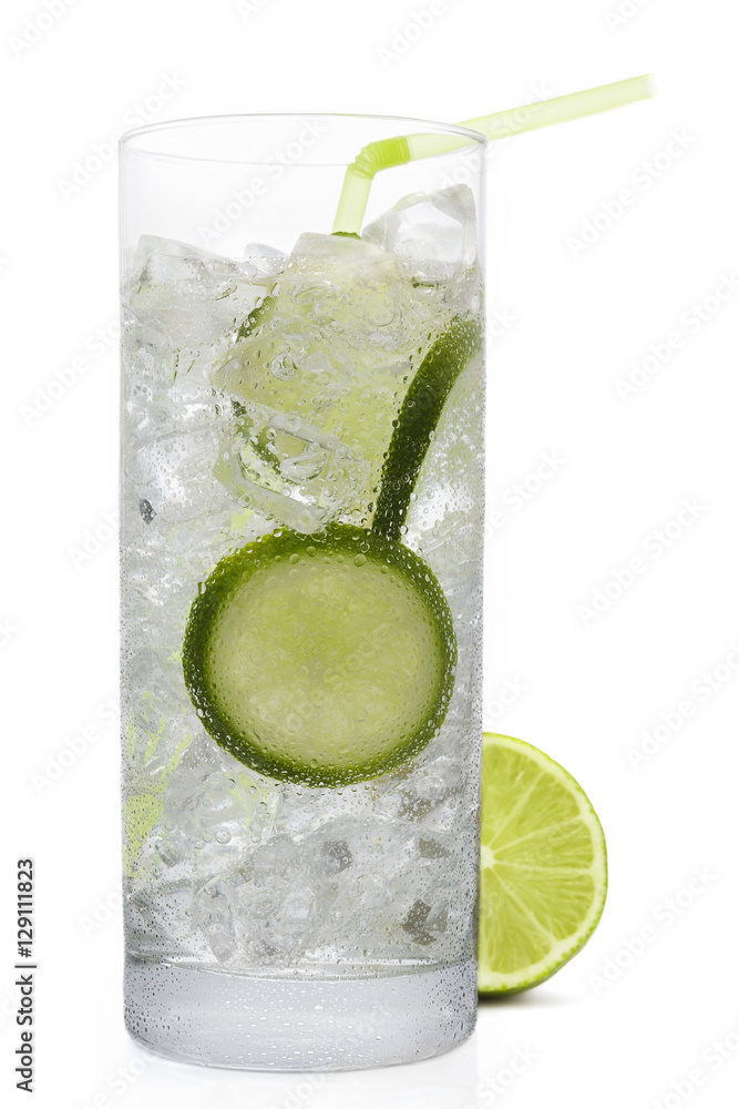 Fresh cold water drink with Lime on white background