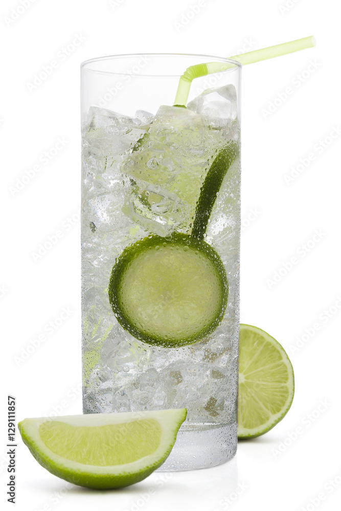 Fresh cold water drink with Lime on white background