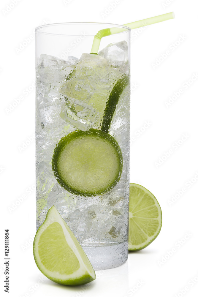 Fresh cold water drink with Lime on white background