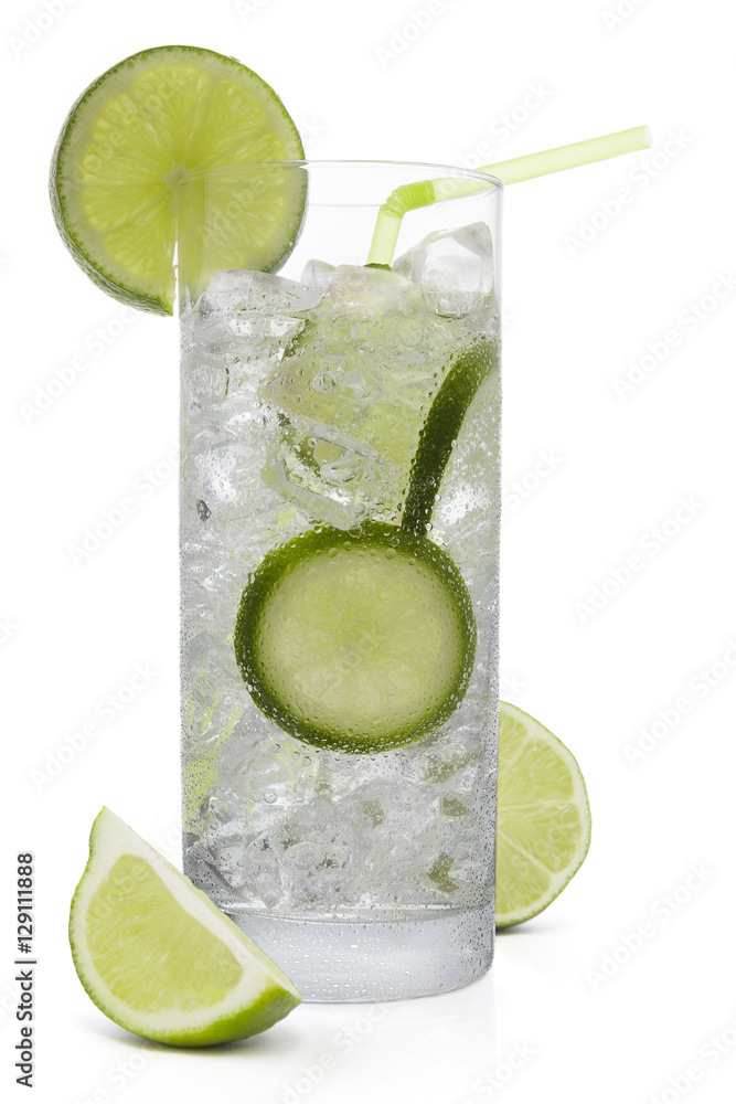 Fresh cold water drink with Lime on white background