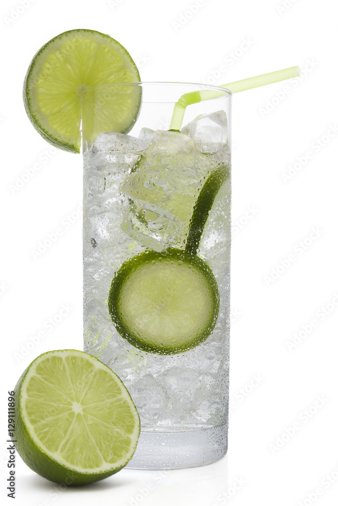 Fresh cold water drink with Lime on white background
